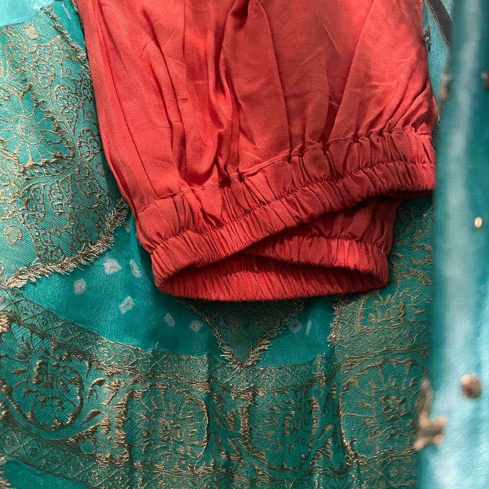 Elegant Teal and Red Long Sleeve Dress
